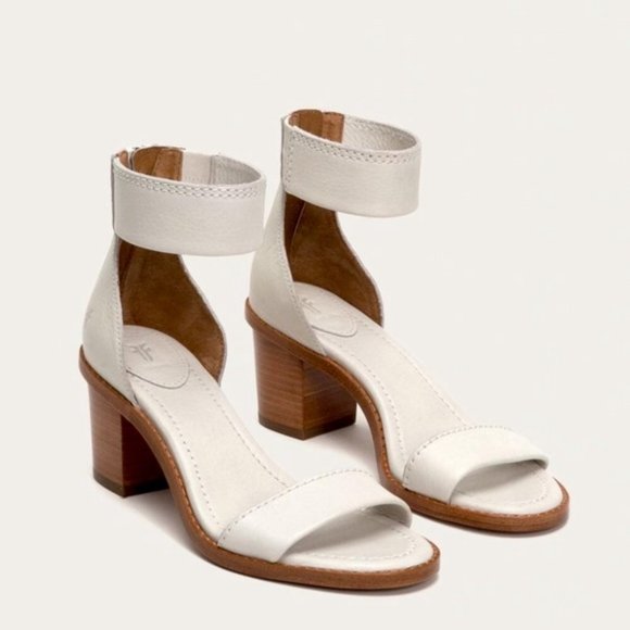 Frye White Brielle Zip Wood Block Genuine Leather Casual Ankle Sandals/Heels - Picture 3 of 16